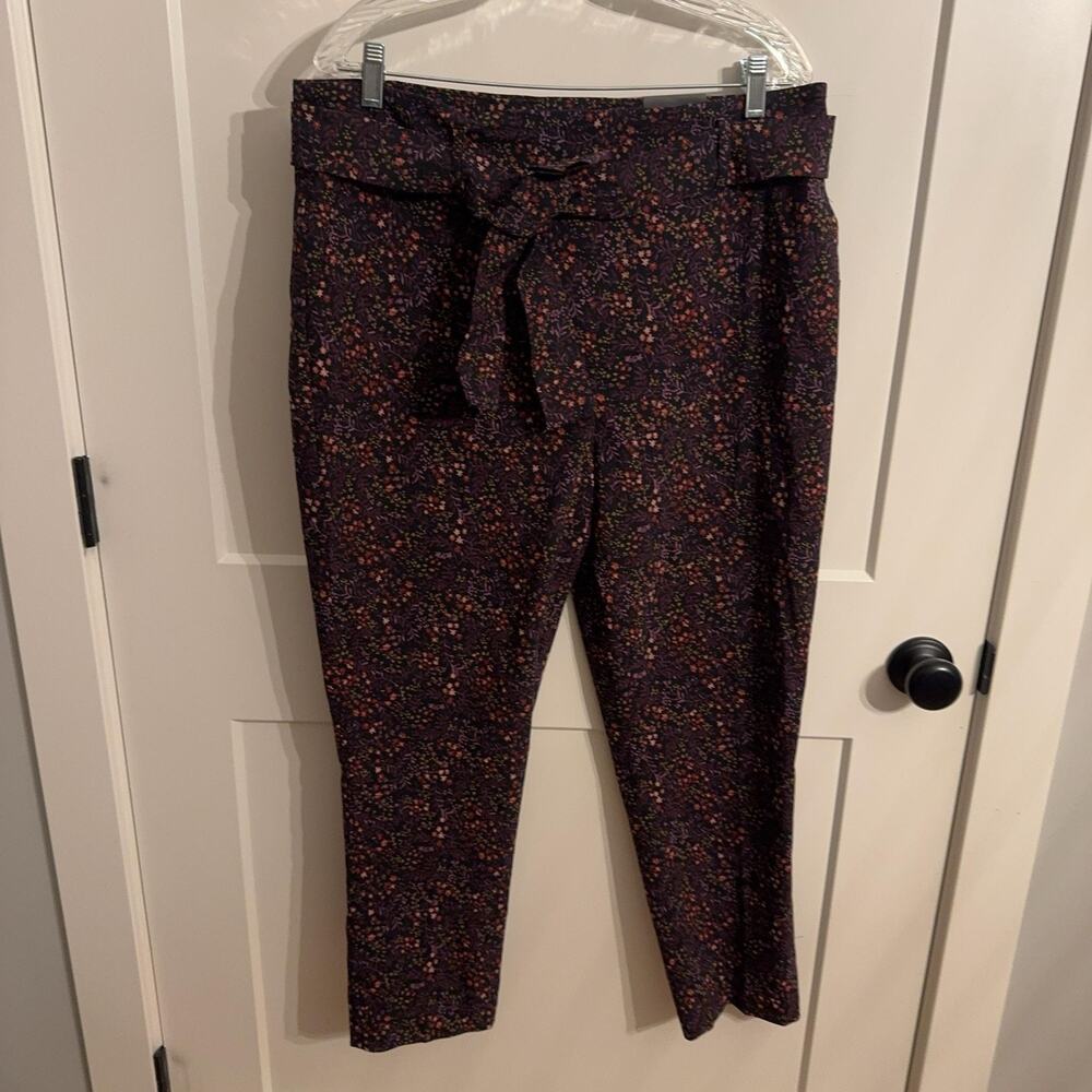Jules & Leopold Dress Pants Sz XL Black Floral Ponte High Waist Tie Belt Ankle